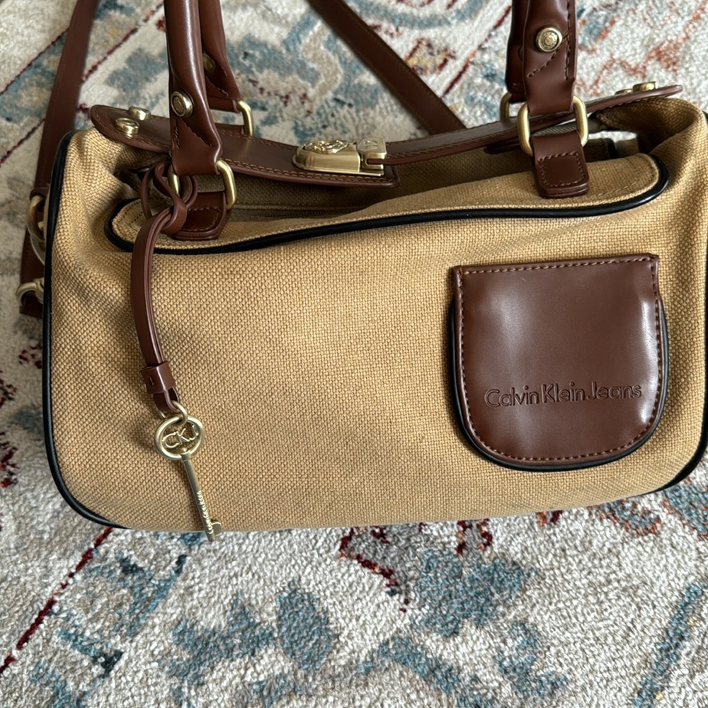 Calvin Klein Canvas & Leather Lock & Key Satchel Shoulder Bag Brown - Picture 3 of 14